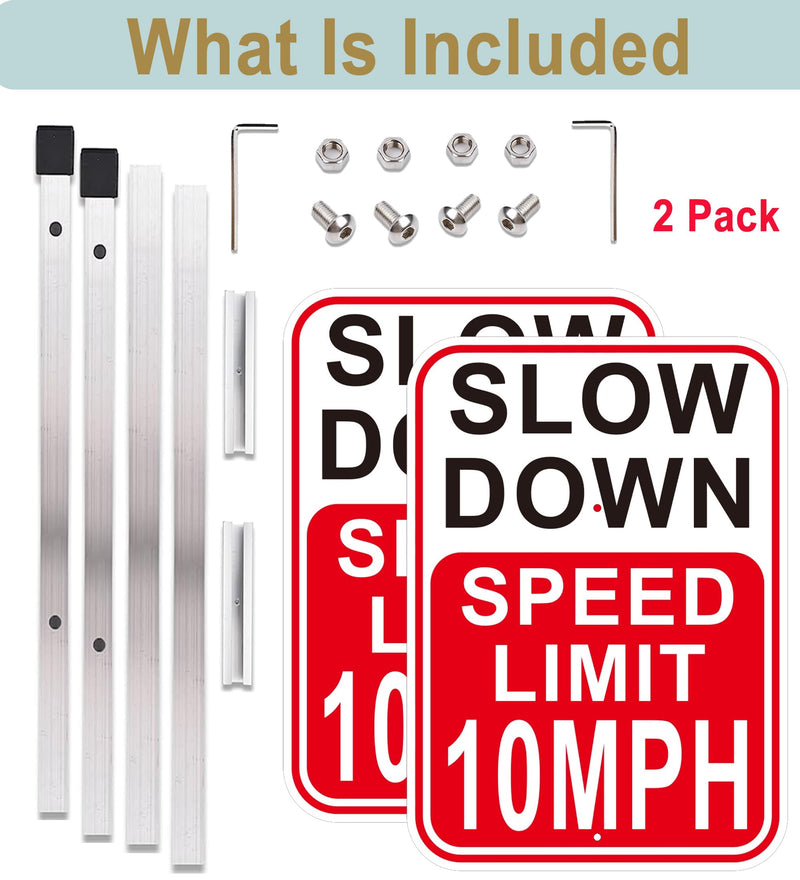 2Pack Slow Down Sign, Speed Limit 10MPH Sign with 36" Stakes, 14"×10" Reflective Aluminum, Fade Resistant/Waterproof, Including Screws, Easy to Install Speed 10 with stake