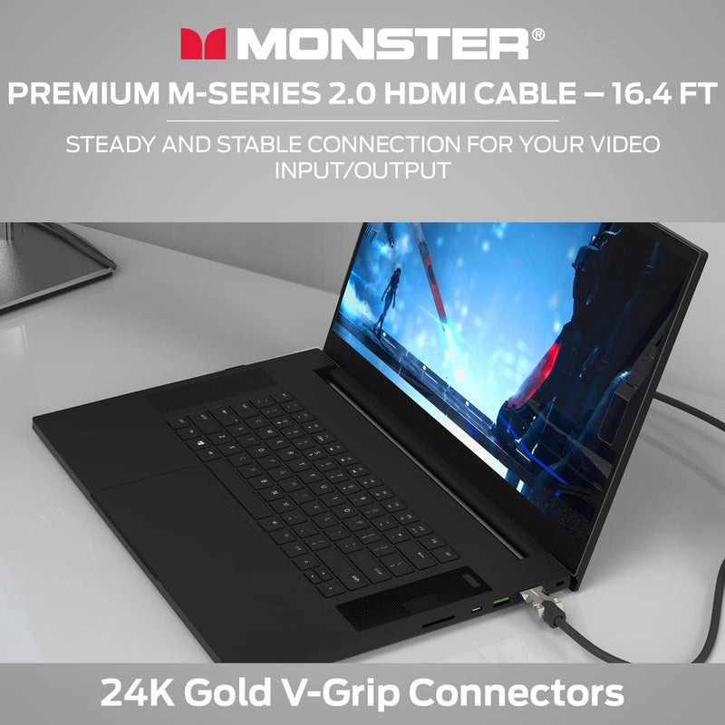 Monster M-Series Certified Premium HDMI Cable 2.0, High-Speed 22.5 Gbps, 4K UHD 60Hz, Triple-Layer Shielding, Duraflex Jacket, HDMI Cable for TV, Monitor, Gaming, PC, 16.4 ft