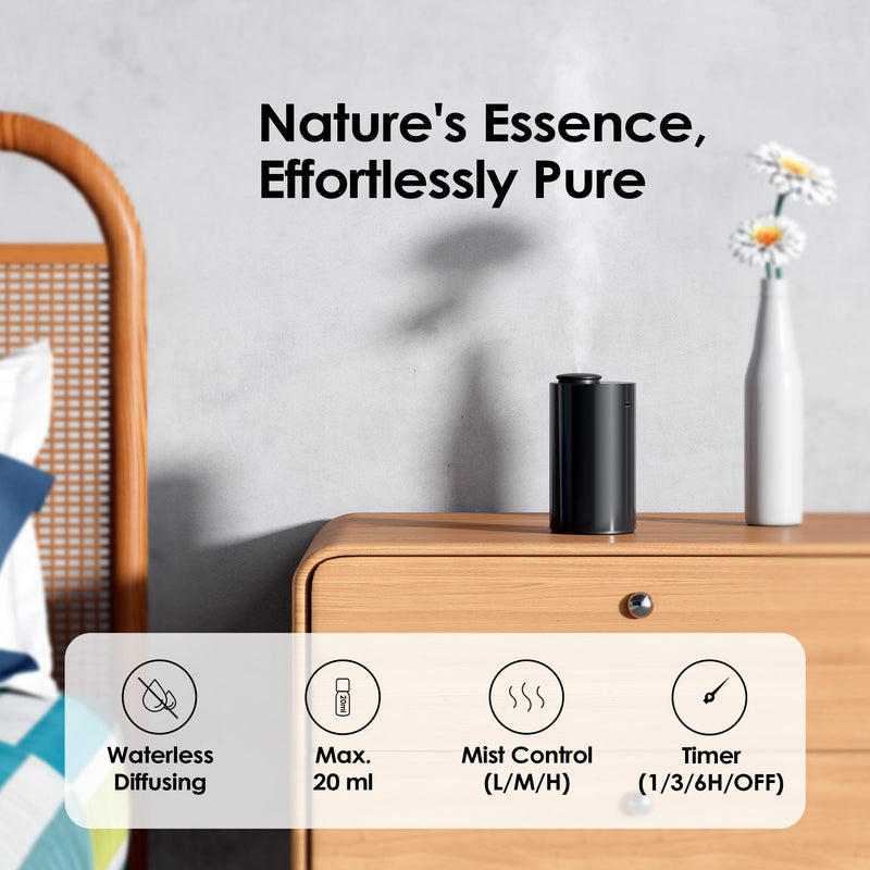 [Australia - AusPower] - Airversa Waterless Diffuser for Essential Oil, Car Diffsuer, Battery Operated Nebulizer, 0.7 Fl Oz/ 20mL, Mini Scent Air Machine, 3 Timers & 3 Mist Levels for Home, Room, Office - AN6 + Extra Nozzle C_black 1 Pack 