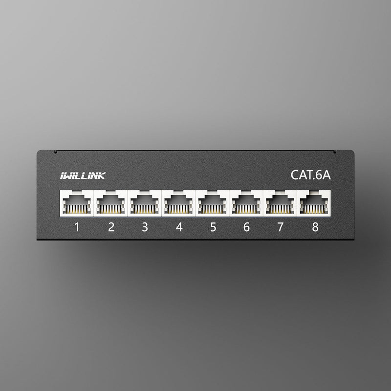 iwillink CAT6a Patch Panel 8 Port Shielded RJ45 Female LSA Distribution Panel | 10 inch rack mount, desktop patch panel, black