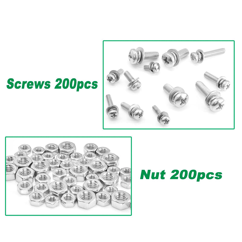 [Australia - AusPower] - Metric M2.5 M3 M4 304 Stainless Steel Phillips Pan Head Machine Screws Bolts Combine with Spring Washer and Plain Washers Nuts Assortment Kit.Bolts and Nuts Washers Assortment Kit sllver 400pcs Phillips Pan Head Combine screws 