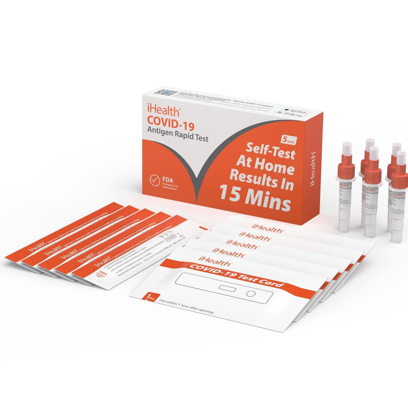 [Australia - AusPower] - iHealth COVID-19 Antigen Rapid Test, 1 Pack, 5 Tests Total, FDA EUA Authorized OTC at-Home Self Test, Results in 15 Minutes with Non-invasive Nasal Swab, Easy to Use & No Discomfort 