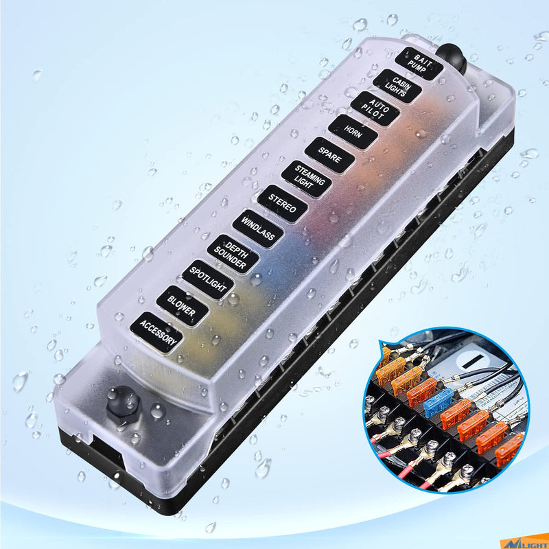 Nilight 12 Way Fuse Block with Negative Bus 12V Blade Holder ATC/ATO Standard Box Label Stickers Waterproof Cover Panel for Automotive Cars Trucks RVs Campers Vans