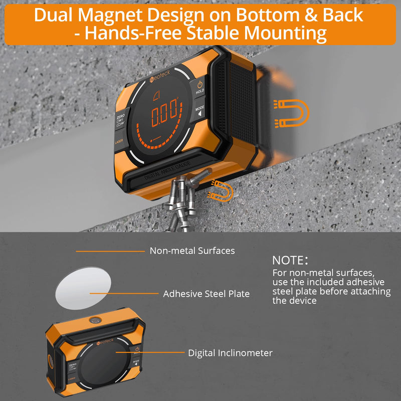 [Australia - AusPower] - Neoteck Digital Angle Finder with Dual Laser (Class 2 Laser, 1mW Power Output) 4x90/2x180°Angle Gauge with LED Display and Data Hold USB Charging Level Box with Bottom and Back Strong Magnetic 
