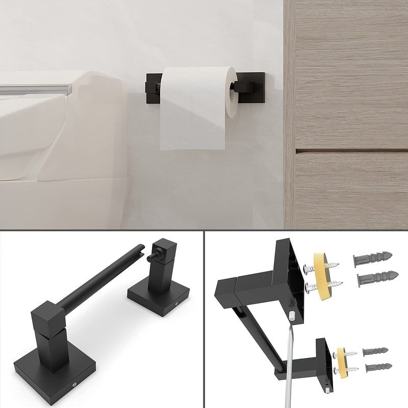 Ruacq Matte Black Toilet Paper Holder Towel Ring Bathroom Accessories Hardware Set Double Post Pivoting Toilet Roll Holder Square Stainless Steel and Zinc Alloy Modern Wall Mounted 2 Pieces 2pcs