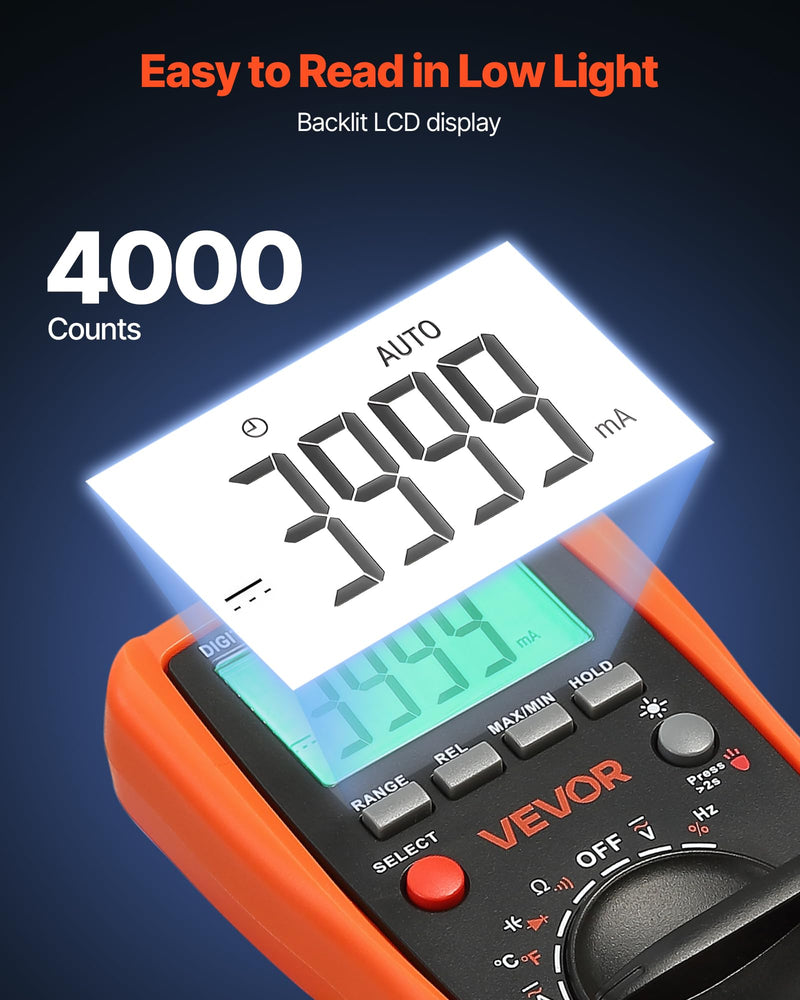 [Australia - AusPower] - VEVOR Digital Multimeter, 4000-Count TRMS DC/AC Voltmeter Current Tester, Auto-Ranging Multimeter for Current Voltage Resistance Capacitance Temperature Diodes Continuity Duty-Cycle Measurments 