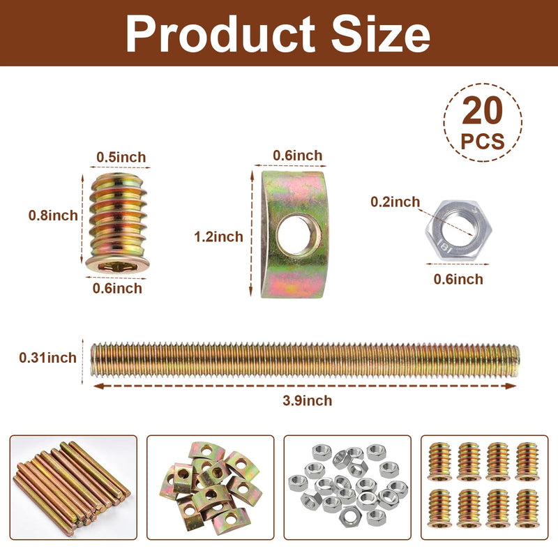 [Australia - AusPower] - 20 Pieces Bed Frame Hardware Connector Kit,M8×100mm Furniture Fastening Connectors Countertop Hardware Bed Frame Bolts and Nuts Kit for Countertops Wardrobes Blocks Bed Frame Furniture 