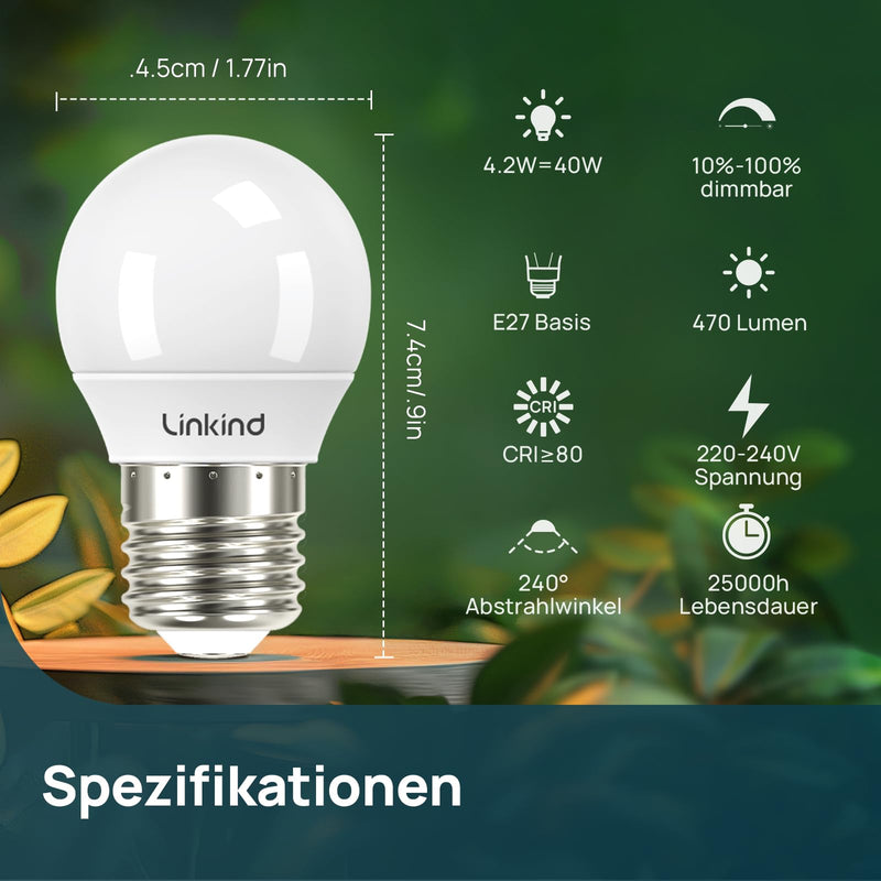 Linkind Dimmable E27 LED Golf P45/G45 Light Bulb, 4.2 W, Replaces 40 Watt, 2700 K Warm White Ball Lamp, 470 Lm, Energy Saving Bulb, Small P45, Pack of 6 6 pcs (pack of 1)