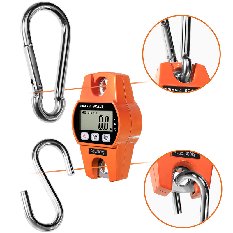 GRAM PRES Digital Hanging Scale 660 Lb 300 Kg Hanging Digital Scale, Handheld Mini Crane Scale with Hooks for Farm Hunting Fishing Outdoor Orange