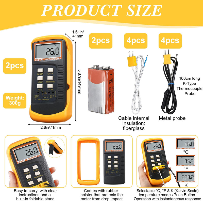 [Australia - AusPower] - 2 Pcs Digital 2 Channels K Type Thermometer with 8 Thermocouples (Wire and Stainless Steel) -50 to 1300°C (-58 to 2372°F) Dual Measurement Meter Sensor HVAC Thermometer High Temperature Pyrometer 