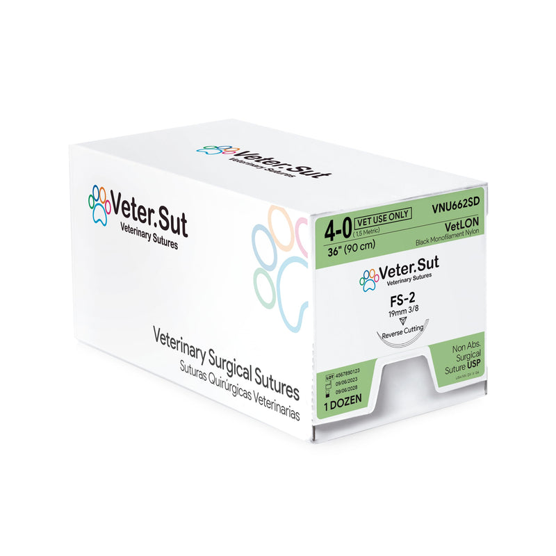 [Australia - AusPower] - VeterSut VetLON Non-Absorbable Nylon Surgical Suture USP Size 4-0, (FS-2) 3/8 19mm Reverse Cutting Needle, 36 Inches (90 cm), 12 Count, Veterinary Use 