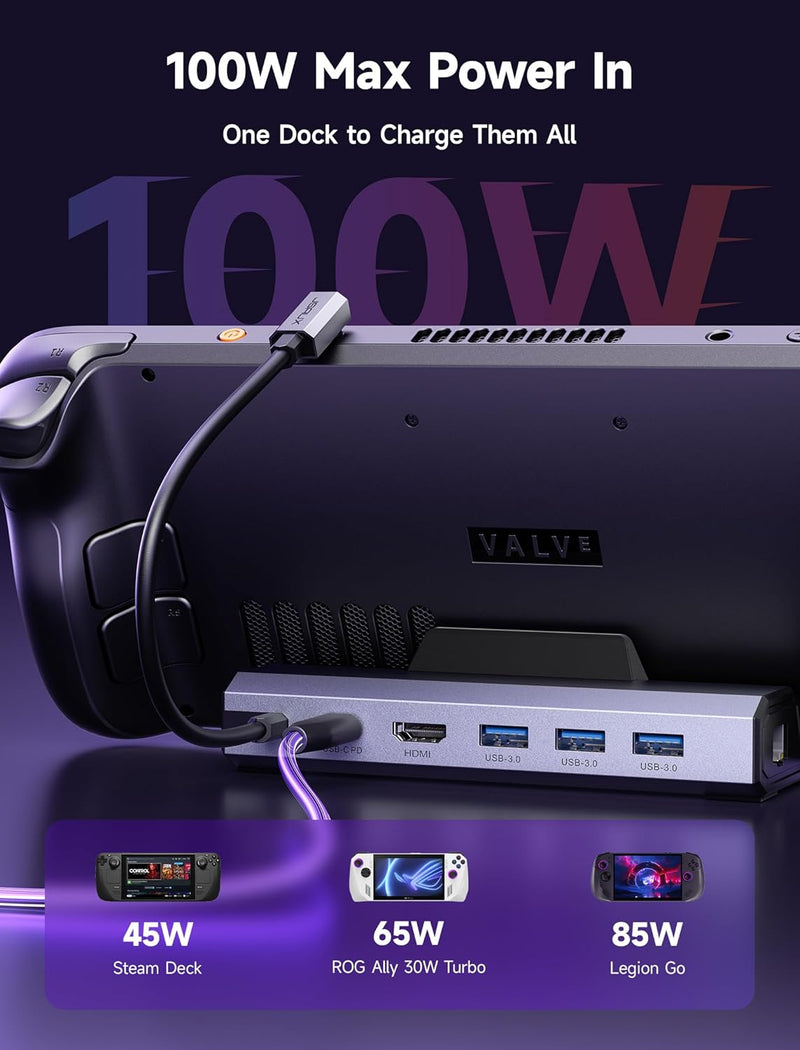 Steam Deck Dock,Docking Station for Steam Deck/ROG Ally,6-in-1 Steam Deck Docking Station with HDMI 2.0 4K@60Hz,Gigabit Ethernet,3 USB 3.0 and 100W USB-C Charging Port Compatible with Steam Deck OLED