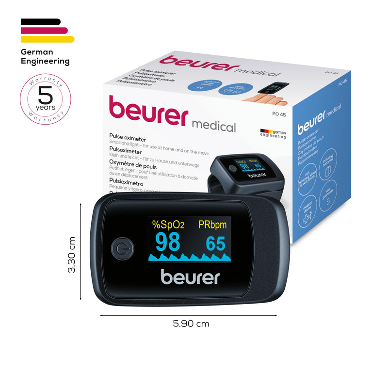 Beurer PO 45 Pulse Oximeter, Measurement of Oxygen Saturation (SpO2), Heart Rate (Pulse) & Perfusion Index (PI), Painless Use, Colour Display, 1 Piece (Pack Of 1) | Heart rate (pulse) and perfusion index (PI), pain-free application, colour display, 1 p...