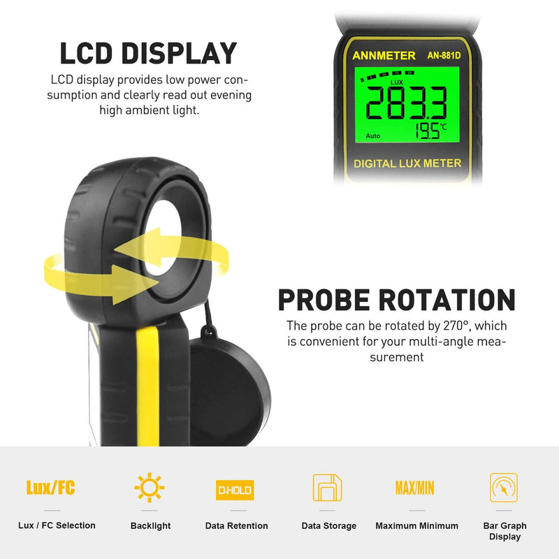 Digital Lux/Foot Candle Light Meter, AIOMEST Illuminance Lumen Tester 0.01~400,000 Lux, Handheld Luxometro AI-881D for LED Plant Grow Lighting, Luxmeter w/Data Logging & Rotatable Detector AI-881D (0.1~400,000Lux)