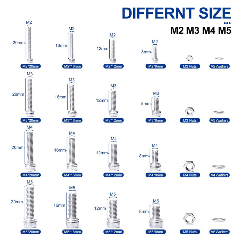 [Australia - AusPower] - NINDEJIN 304 Stainless Steel 880pcs M2 M3 M4 M5 Hex Socket Cap Machine Screws Bolts, Nuts Set and Washers Assortment Kit +Wrench (Button Head Screws Set and Flat Head Screws Set Limited-Time Combo Set 
