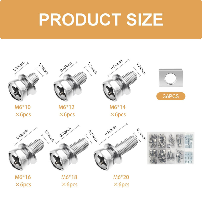 [Australia - AusPower] - 72PCS Battery Terminal Motorcycle Bolts and Nuts Kit M6*10/12/14/16/18/20mm 304 Stainless Steel Battery Bolt with Square Nut for ATV Bike, Motorcycle, Scooter 72pcs kit 