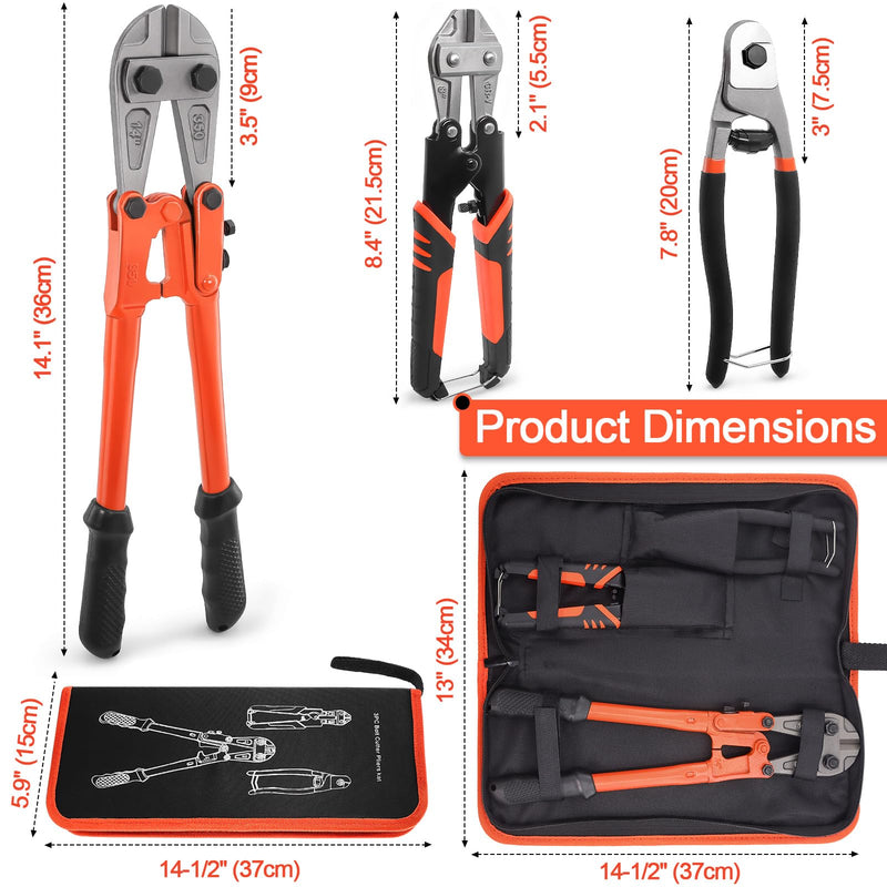3Pcs Bolt Cutter Set with 14" Heavy Duty Bolt Cutter,8" Mini Bolt Cutter,8" Wire Rope Cutter & Storage Bag for Cutting Locks,Padlocks,Chains,Steel Cable,Barbed Wire,Iron Rod,Metal,Fence