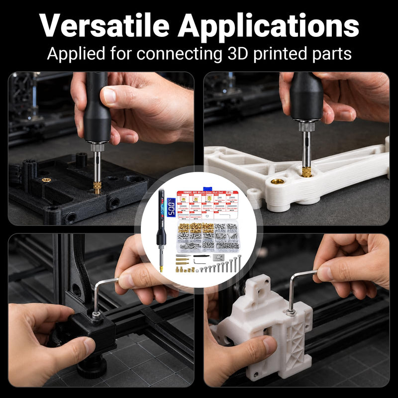 Thread insert set for heat insertion – 181 pieces with 60W digital soldering iron, stand, tweezers & M6 nuts, screws & covers for plastic thread repair and DIY projects