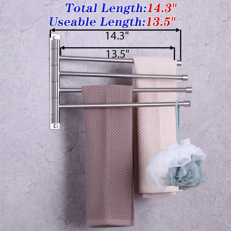 GERZWY Swivel Towel Bar SUS 304 Stainless Steel 4-Arm Bathroom Swing Hanger Towel Rack Holder Storage Organizer Space Saving Wall Mount Brushed Finish HYG04-LS