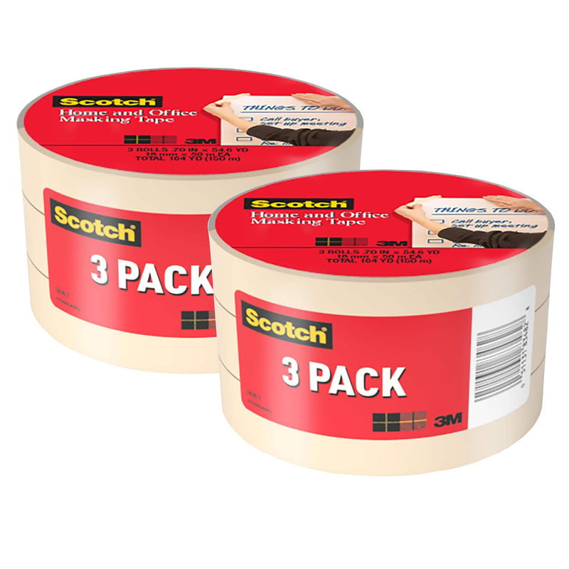 Scotch Masking Tape, 3 Rolls, 0.70 in x 54.6 yd, Great for Everyday Use, Strong Adhesive, Tan Masking Tape (3436-3), 2-Pack (6 Rolls)