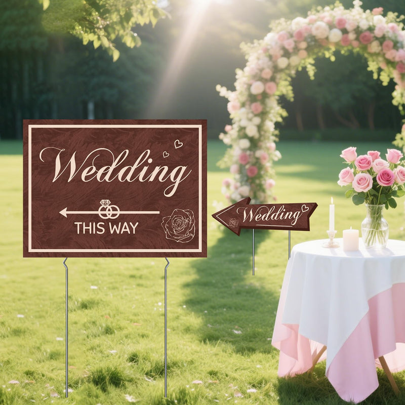 Wedding Direction Signs, 9-Piece Double-Sided Wedding This Way & Parking Sign Set with Stakes & Rods, Corrugated Plastic Yard Signs, Reversible Arrows for Outdoor Ceremony & Reception Wedding This Way Signs
