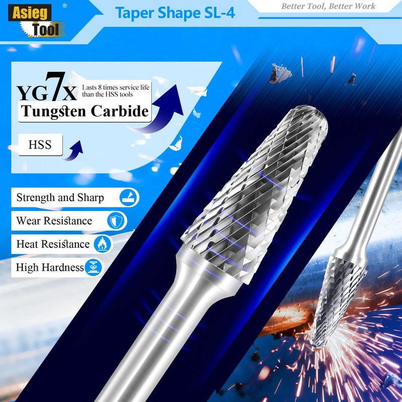 SL-4 Tungsten Carbide Burr Rotary File Taper Shape with Radius End Double Cut with 1/4" Shank for Die Grinder Drill Bit SL-4