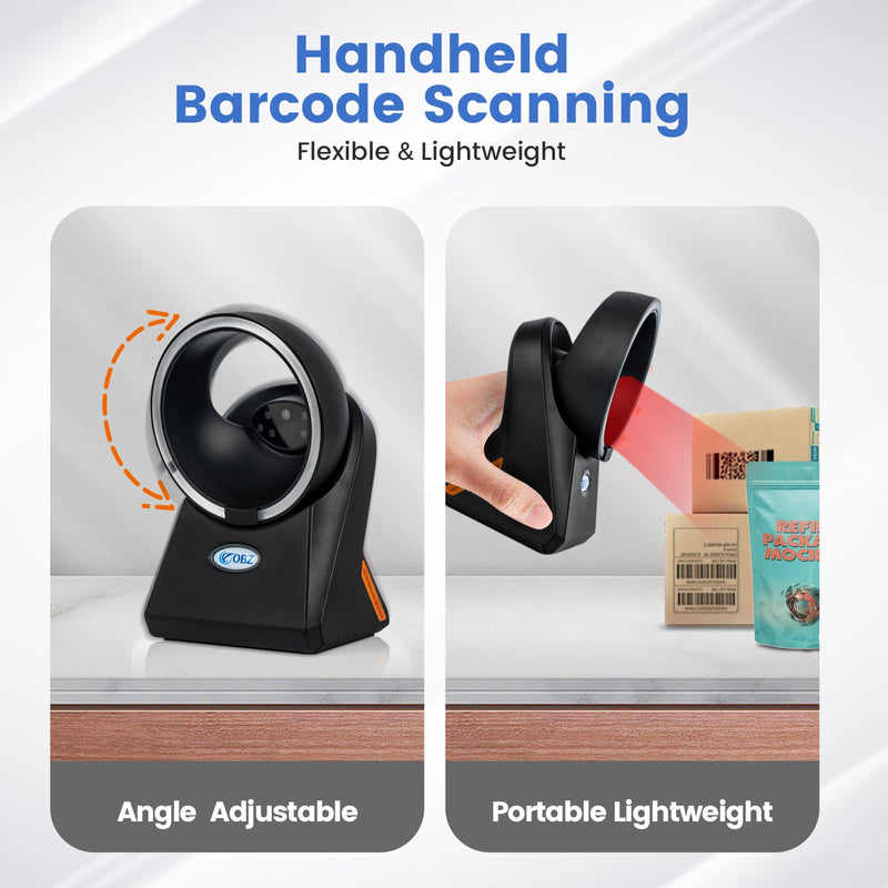 [Australia - AusPower] - OBZ Desktop Barcode Scanner Hands-Free 1D 2D Code Reader,Omnidirectional Automatic USB Wired Barcode Scanner with Adjustable Head,Plug and Play for Windows Mac Linux POS Store Inventory Management 