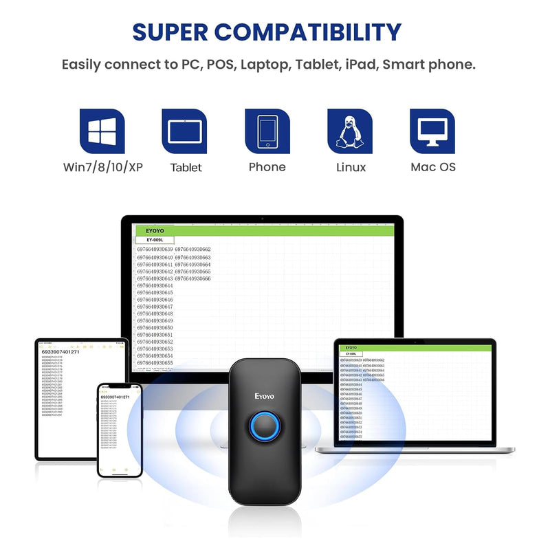 Eyoyo 1D Mini Bluetooth Barcode Scanner, 3-in-1 USB Wired & Bluetooth & 2.4G Wireless Barcode Reader Portable Bar Code Scanning Work with Tablets or Computers, Windows, Android, iOS