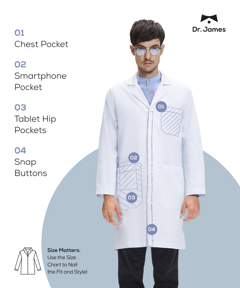 Dr. James Unisex Lab Coat – White Medical Coat, Classic Fit, 3 Pockets + Phone Slot, Safety Snaps, OEKO-TEX® Certified S (Men S / Women M)