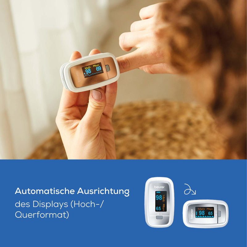 [Australia - AusPower] - Beurer PO 30 Pulse Oximeter, Measure Oxygen Saturation (SpO₂) and Heart Rate (Pulse), Finger Oximeter with Colour Display, Painless Use on Finger, 6.1 x 3.6 x 3.2 cm, White gray Single 