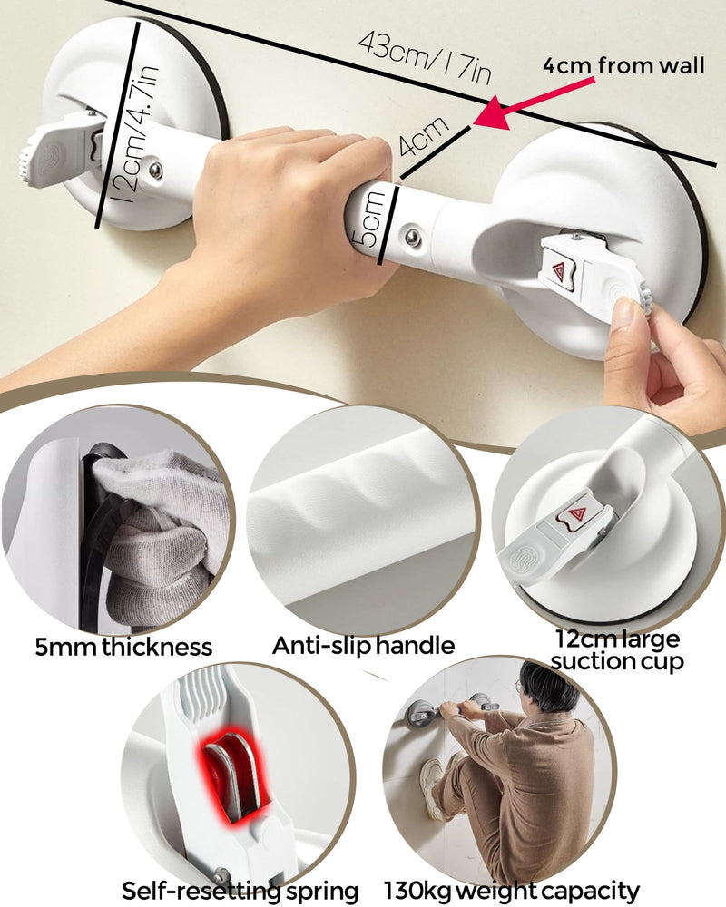 Heavy Duty Grab Bars for Bathtubs and Showers, 300-pound Weight Capacity, 17in Suction Shower Grab Bars for Seniors, No Drilling Waterproof(White) White