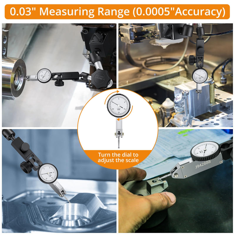 [Australia - AusPower] - Neoteck Dial Test Indicator wiht Magnetic Base Stand and Storage Case, 0-0.03"/0.0005" Test Indicator Set with 2 Steel Dovetail Clamps 3/8'' and 5/32'' for Machine Set-Up, Narrow Area Measurement 