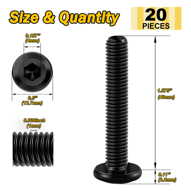 [Australia - AusPower] - M6 x 40mm 20Pcs Flat Head Hex Socket Cap Screws Bolts, 304 Stainless Steel Furniture Bolts Full Thread, Black Oxide & Hex Spanner Black-M6 20 