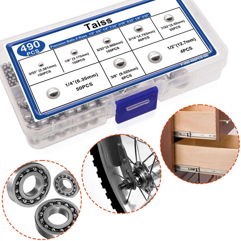 Taiss 490PCS Precision Balls 8 Sizes 1/2" 3/8" 1/4" 7/32" 3/16" 5/32" 1/8" 3/32" Precision Steel Ball Assortment Kit,Metal Balls F-099-490PCS-GE