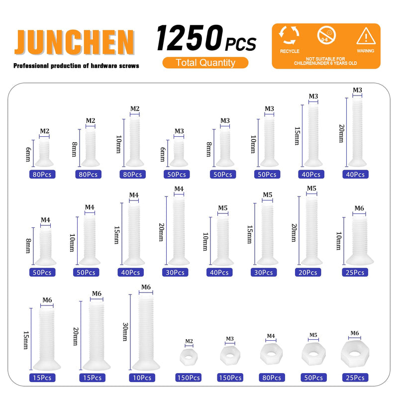 [Australia - AusPower] - 1250PCS White Flat Head Phillips Screws Bolts and Nuts, M2 M3 M4 M5 M6 Metric Full Threaded Phillips Cross Recessed Nylon Plastic Bolts Nuts Assortment Kit Set for Insulate or Fasten PCB Board 
