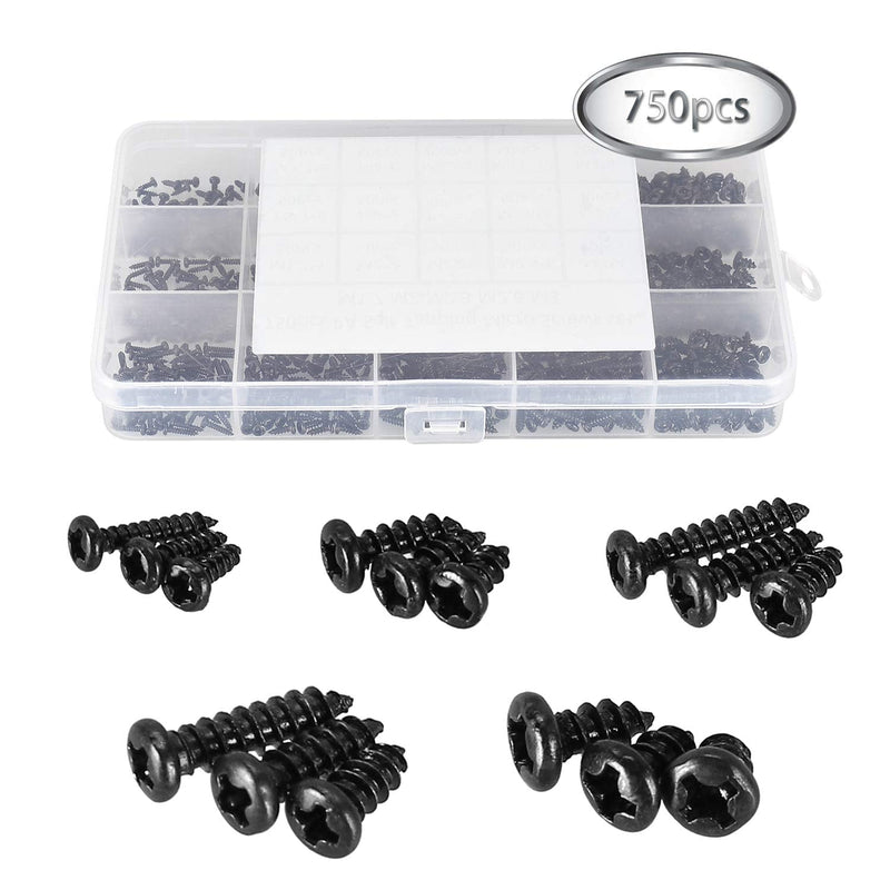 [Australia - AusPower] - 750 Pcs Small/Micro/Tiny/Mini Self-Tapping Screws, M1.7-M3 Phillips Pan Head, Cross Recessed, DIY Electronic, Carbon Steel (Black) 