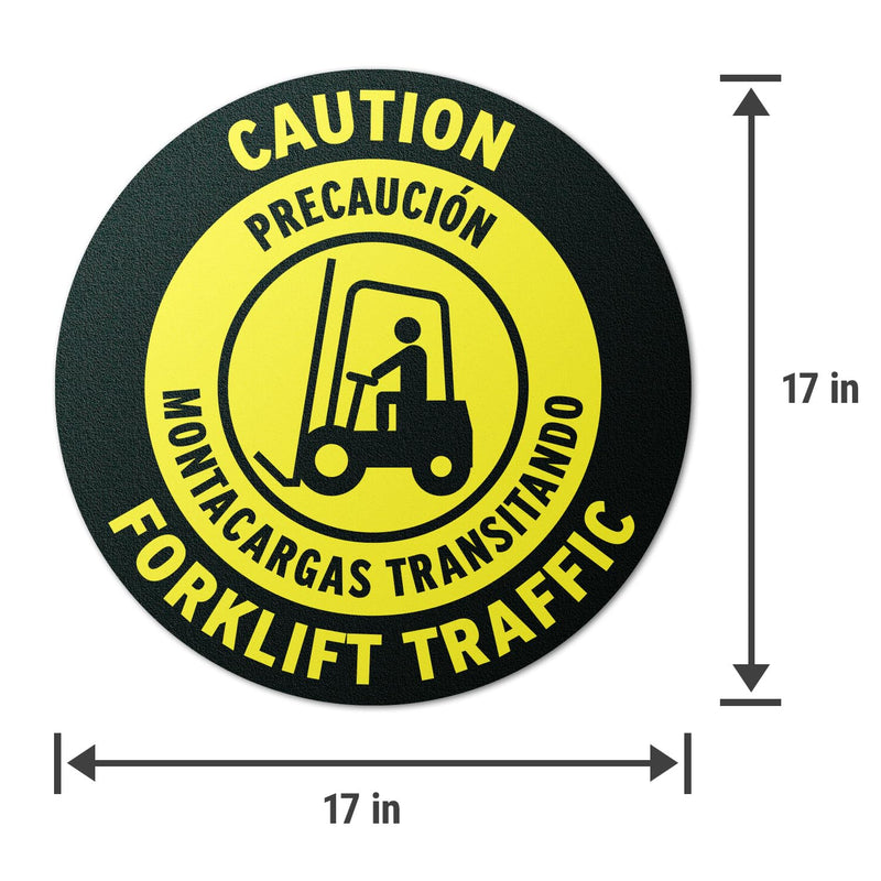 17" x 17" Round Yellow Bilingual Caution Forklift Sign | Round, Yellow Floor Sticker, Work & Warehouses, Construction Sites, Distribution Centers 2 Pack Caution Forklift Traffic (Bilingual)