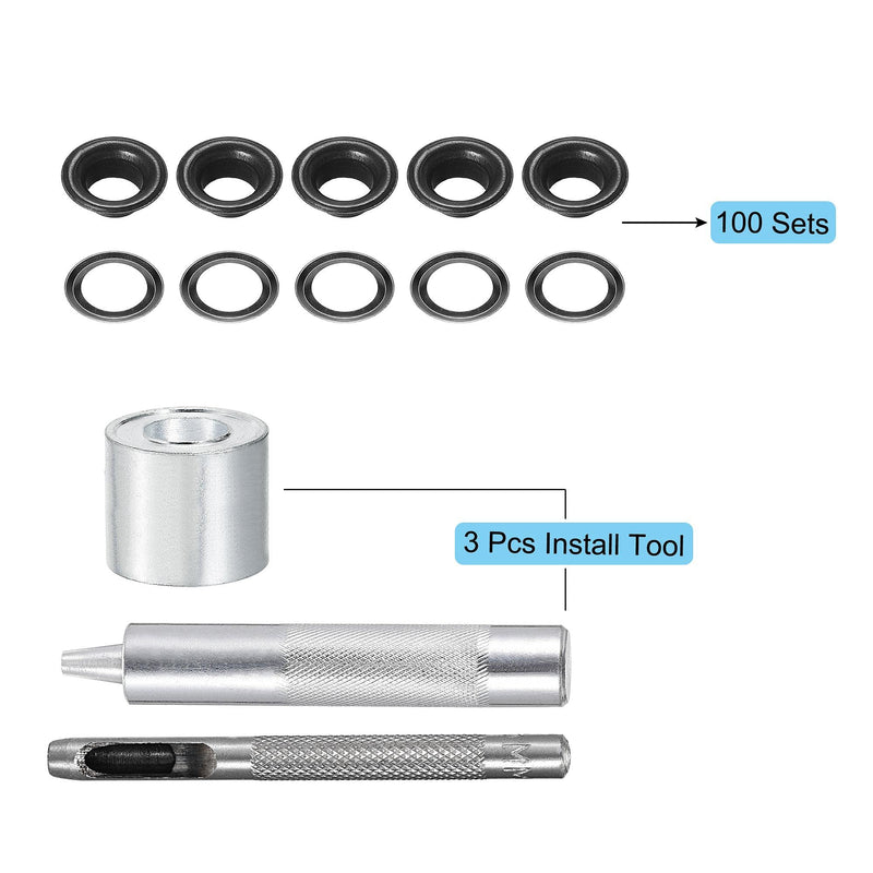 uxcell Grommet Tool Kit 100 Sets 5/16" Copper Grommets Eyelets with 3pcs Install Tools, 8mm Inside Dia. Black