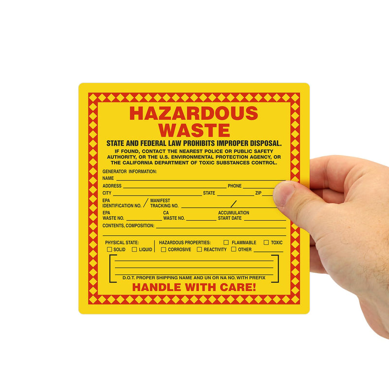 SmartSign (100-Pack) California Hazardous Waste Handle with Care Labels, 6" x 6", Write-On Plastic Labels, Drum Labels with Permanent Adhesive, Red/Black with Yellow Hazardous Waste - 4