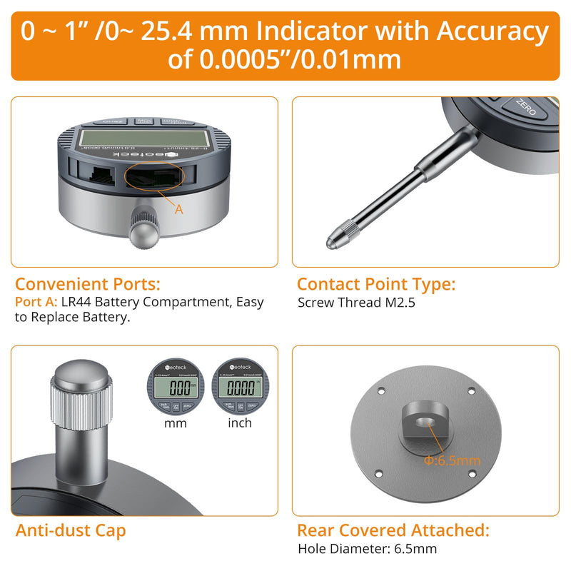 [Australia - AusPower] - Neoteck Digital Dial Gauge 25.4 mm Table Saw Gauge with 0.75 Inch Width Anodised Aluminium Rod for Aligning and Calibrating Workshop Machines Table Saws Band Saws and Drill Presses Silver 0-25.4 mm (0-1 inch) 