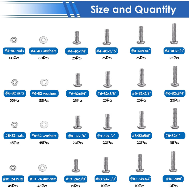 smseace 730Pcs 304 Stainless Steel Machine Screws Assortment Kit#10-24#8-32#6-32#4-40 Phillips Pan Head Assorted Nuts and Bolts for Machinery, Furniture, Automotive, Motorcycle Repairs 730Pcs SS #4 #6 #8 #10 Silver