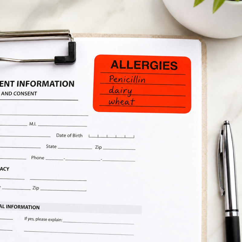 ChromaLabel Food Allergy Stickers, 1" x 2-1/4" Write-in Allergy Labels, 250 Fluorescent Red Allergen Warning Stickers in Ready-to-Hang Dispenser Box for Restaurants, Schools and Daycare 1" x 2-1/4"