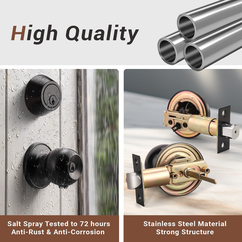 Knobonly 1 Set Keyed Same Entry Door Knob with Single Cylinder Deadbolt, One Keyway Door Lock Set in Matte Black Finish, Indoor/Outdoor Security Door Handles 1 Pack