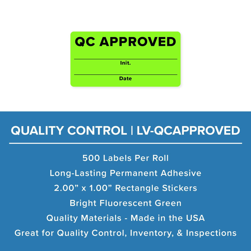 QC Approved Quality Control Labels, 2" x 1", Bright Green, 500 Labels per Roll, Permanent Adhesive for Inspection & Inventory Use