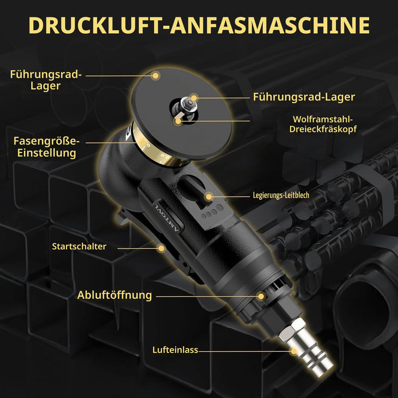 AMTOVL Luftfasenwerkzeug Mini Pneumatische Anfasmaschine 30000 U/min Pneumatisches Anfaswerkzeug 45 Grad Luftabschrägmaschine mit 1/4 Zoll Lufteinlass für Metall Holz (Schwarz) Schwarz