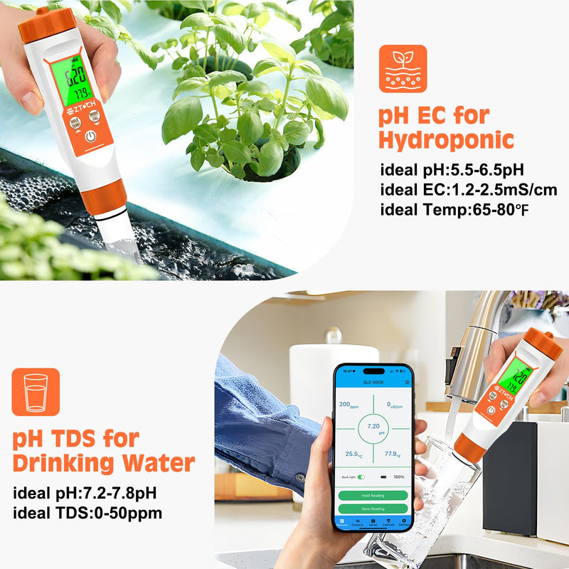 pH Meter for Water, Smart pH TDS EC Meter for Water Hydroponic, 4 in 1 pH Conductivity PPM Temp Meter for Drinking Water, Brewing, Aquarium, Pool, Spa