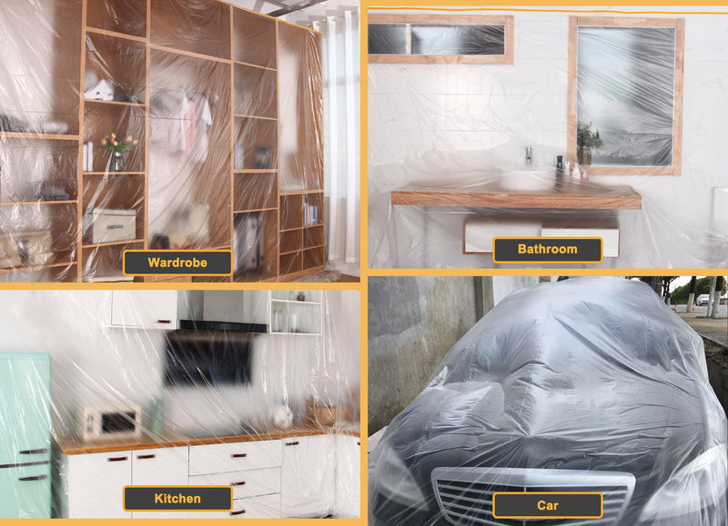 Muf 2 x 65 Feet Plastic Drop Cloth Plastic Sheeting with Masking Tape,Waterproof Protective Masking Film,Prevent Dust Paint for Car,Furniture,Carpet,Floor,3 Pack 3 2 × 65 feet