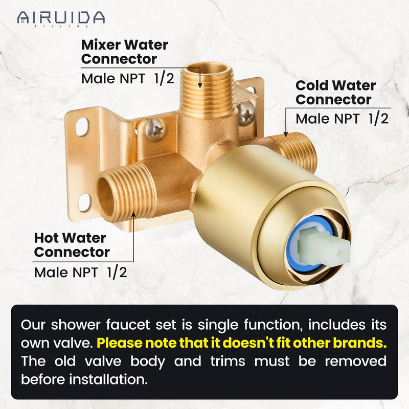 Airuida Round Single-Function Shower Handle Valve Trim Kit Shower Valves Wall Mount Brass Faucet Shower Rough-in Valve Bathroom Trim Kit Single Handle Tub Shower Valve Male Thread Brushed Gold