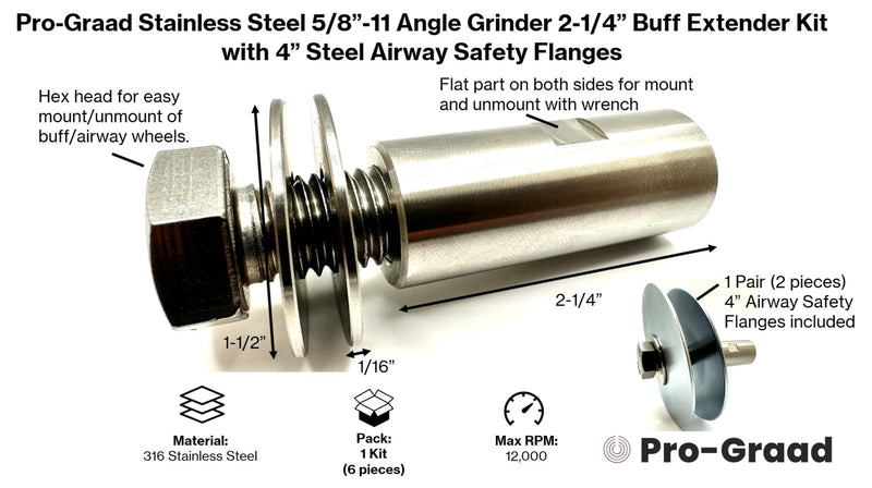 [Australia - AusPower] - Stainless Steel 5/8”-11 Angle Grinder Buff Extender Kit, Airway Buffing Polishing Wheel 2-1/4” Extension Shaft, Threaded Arbor Extension Adapter with 4” Steel Airway Safety Flanges 2-1/4" Angle Grinder Buff Extender Kit with 4" Airway Safety Flanges 