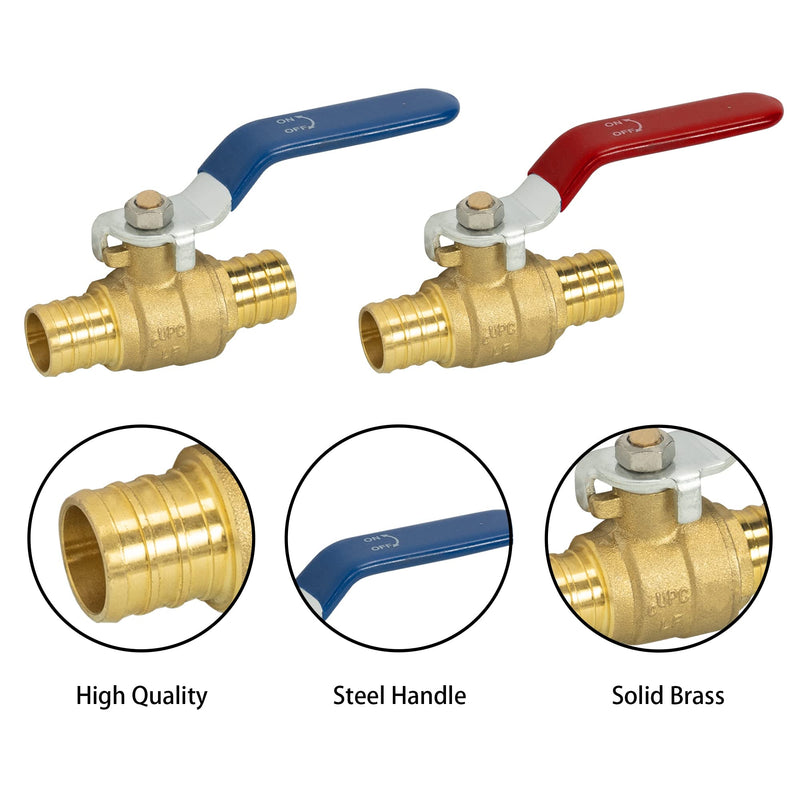 Hourleey 2 Pieces 3/4 Inch Pex Brass Full Port Shut Off Ball Valve Hot and Cold, Quarter Turn HOT (RED) COLD (BLUE) of Brass Water Stop Shut Off, 1 Piece Each 3/4" x 2 Pack